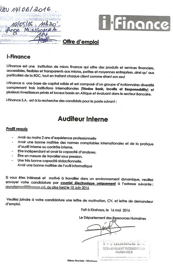 Offre d emploi auditeur interne