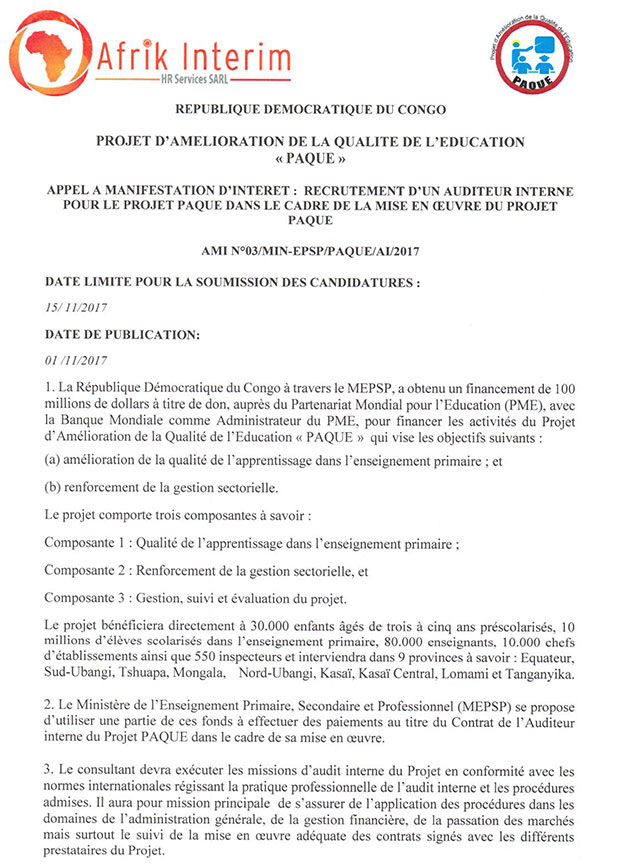 Offre d emploi auditeur interne