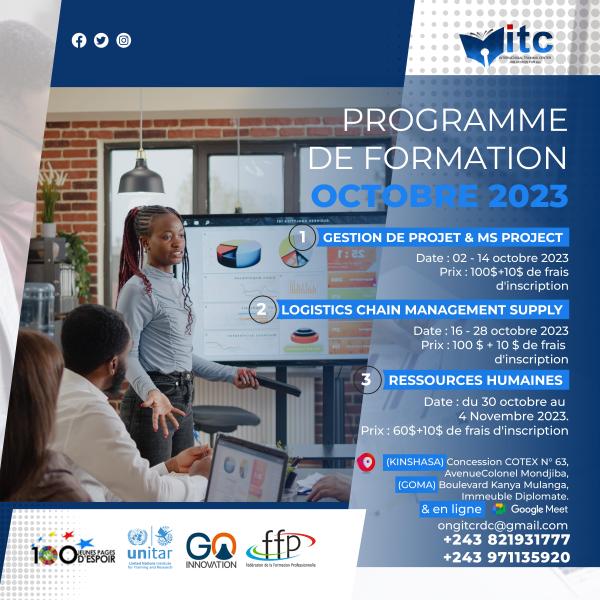 Meilleur Centre de formationen RDC ONG ITC PROGRAMME DE FORMATION OCTOBRE 2023