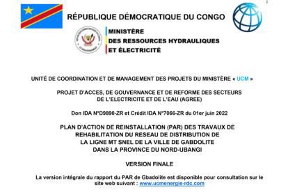 Infos congo - Actualités Congo - -Version finale de Plan d’Action de Réinstallation (PAR) des travaux de réhabilitation du réseau de distribution de la ligne mt SNEL...