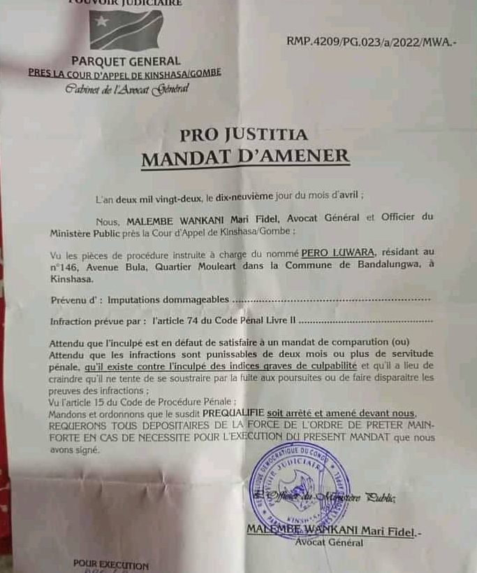 DE QUOI EST COUPABLE LE JOURNALISTE PERO LUWARA AUJOURD'HUI RECHERCHE PAR LA POLICE JUDICIAIRE, OUTRAGE AU CHEF DE L’ÉTAT, IMPUTATION DOMMAGEABLE APRÈS DES PROPOS VIRULENTS CONTRE LE POUVOIR EN PLACE ? QUELLE EST DEDANS LA PART DE LA LIBERTÉ DE PRESSE ET  Luwara_mandat_22_02141