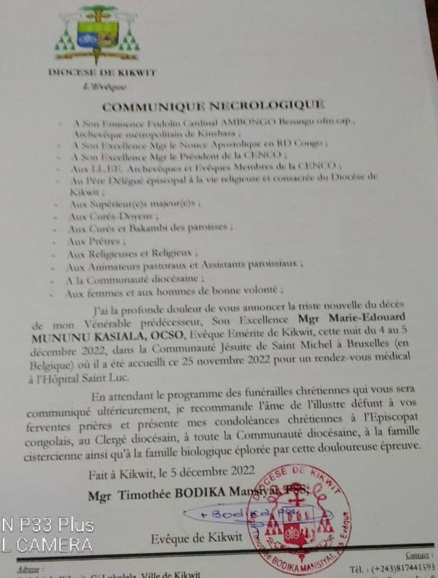 Kwilu le diocèse de Kikwit annonce le décès de Mgr Mununu Kasiala