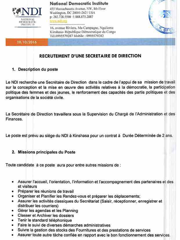 Mediacongo Net Offre D Emploi Secretaire De Direction