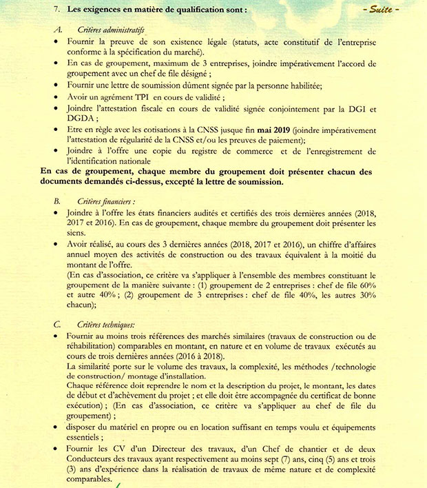 Offre d'emploi Travaux de rénovation du Hangar devant abriter les Directions