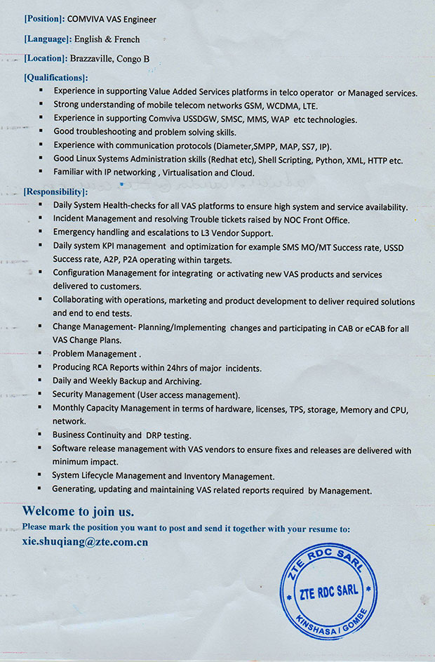 Offre d'emploi COMVIVA VAS Engineer