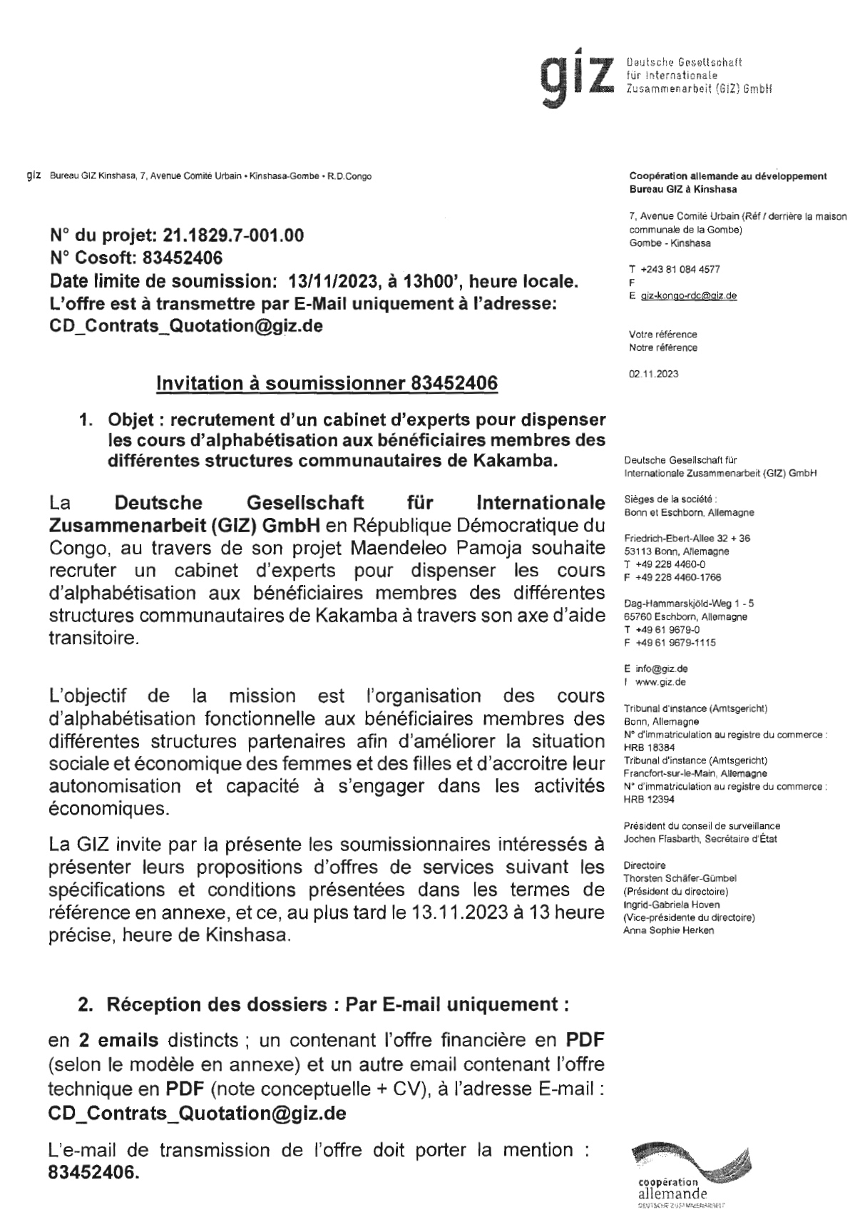 Offre d'emploi d’experts pour dispenser les