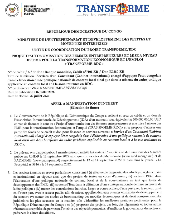 mediacongo.net - Appel d'offres - Cabinet international chargé d ...