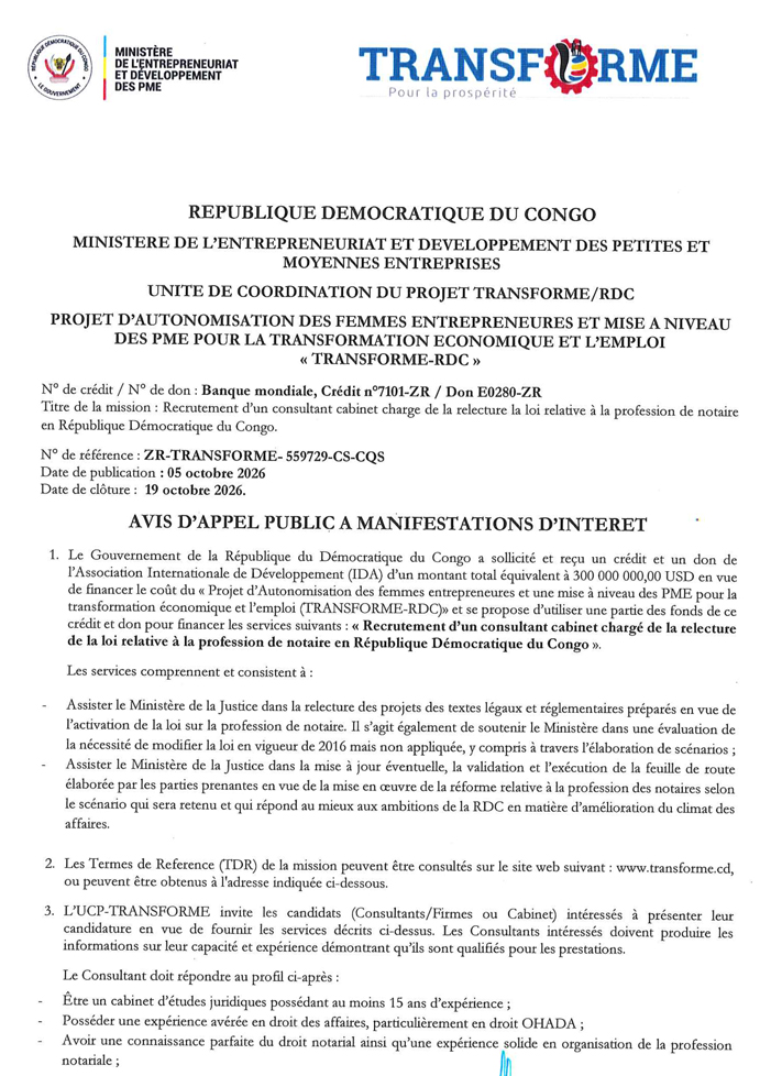 mediacongo.net - Appel d'offres - Consultant cabinet chargé de la ...