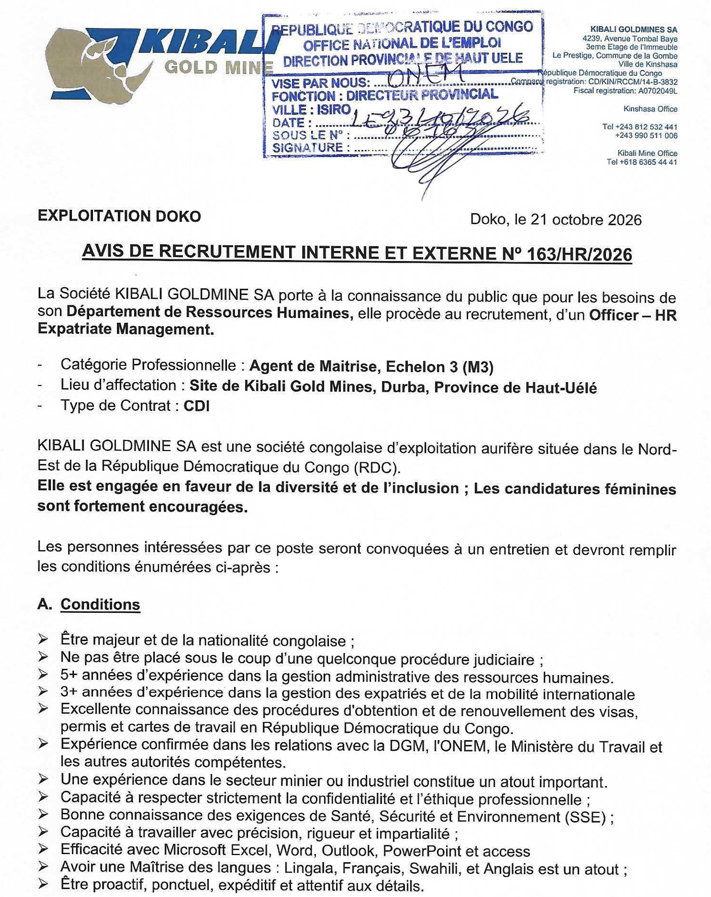 mediacongo.net - Offre d'emploi - Officer - HR Expatriate Management